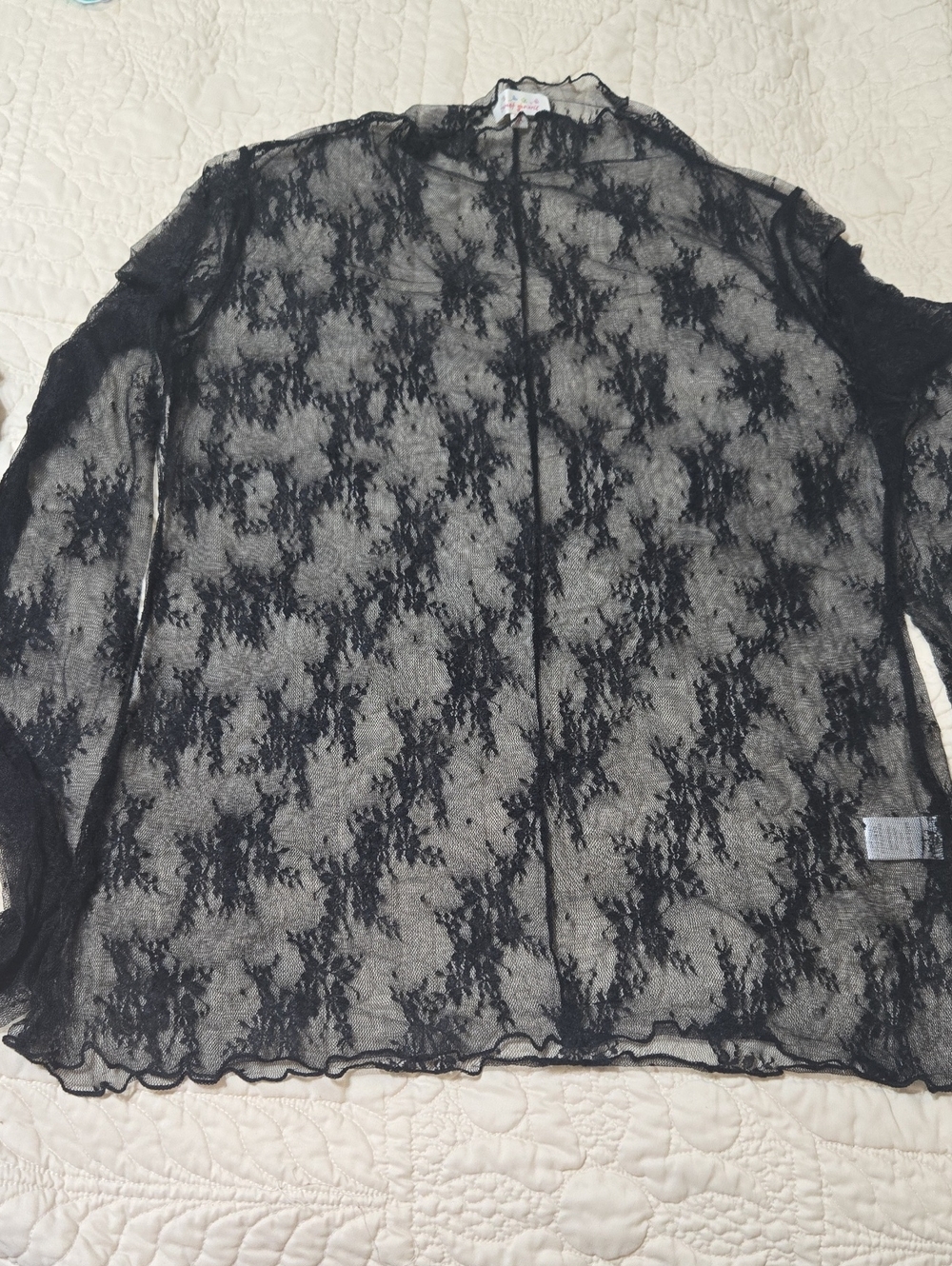 Black Sheer Lace Long-Sleeve Camisole Overlay - Women's Elegant Layering